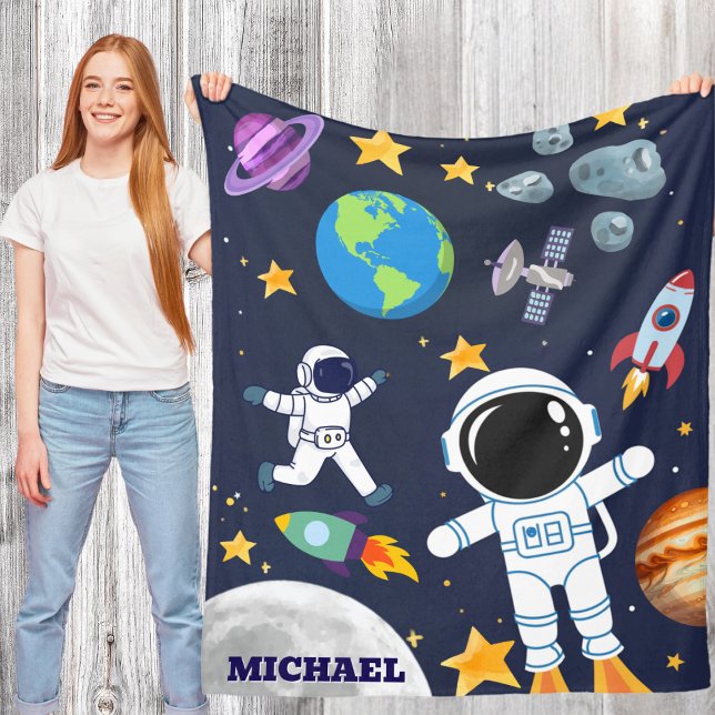 Fun Outer Space Astronaut,Cute Kids First Birthday Fleece Blanket (Creator Uploaded)