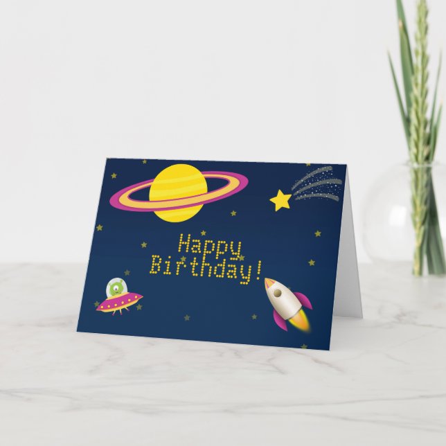 Fun Outer Space Rocket Greeting Card (Front)