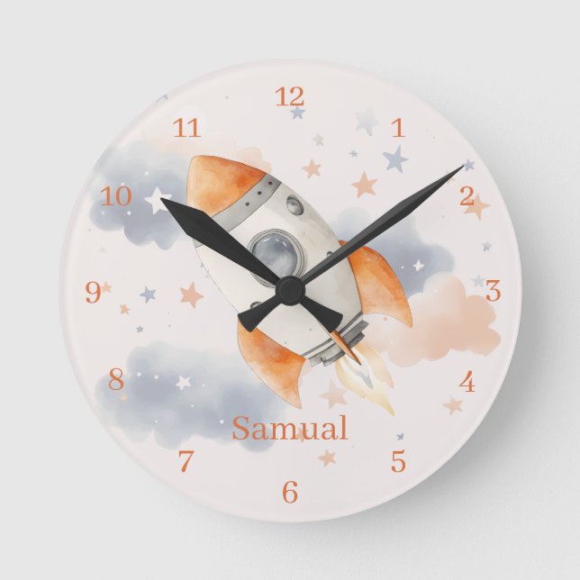 Fun Outerspace Rocket Child's Wall Clock (Front)