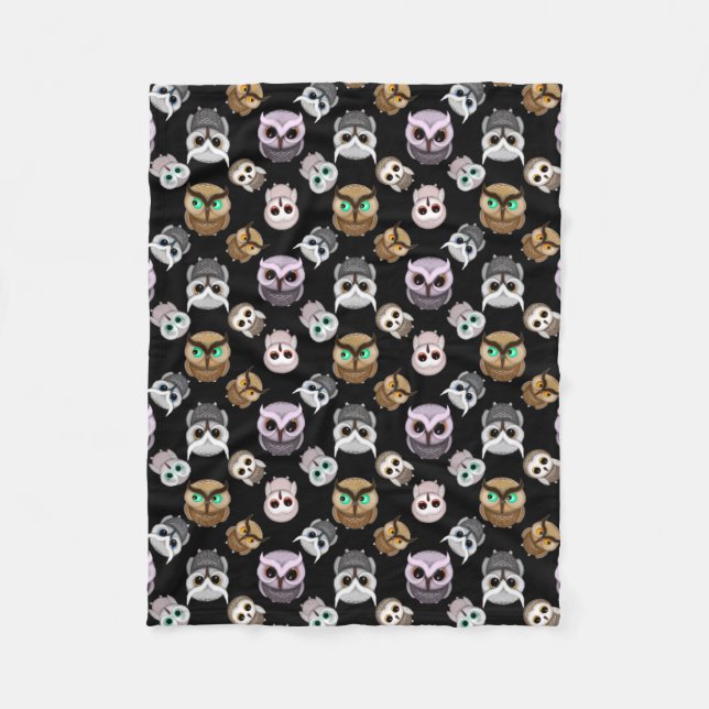 Fun Owl Pattern on Black Background Fleece Blanket (Front)
