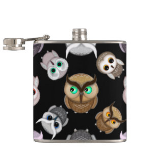 Fun Owl Pattern on Black Background Hip Flask