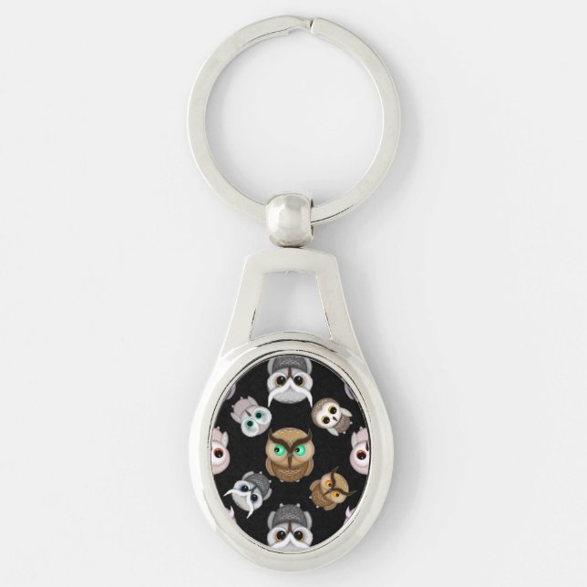 Fun Owl Pattern on Black Background Key Ring (Front)
