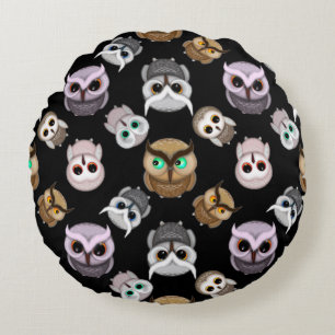 Fun Owl Pattern on Black Background Round Cushion