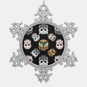 Fun Owl Pattern on Black Background Snowflake Pewter Christmas Ornament