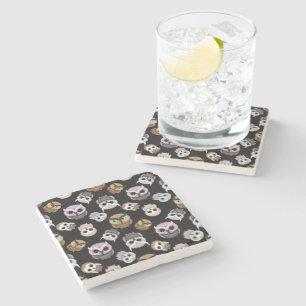 Fun Owl Pattern on Black Background Stone Coaster
