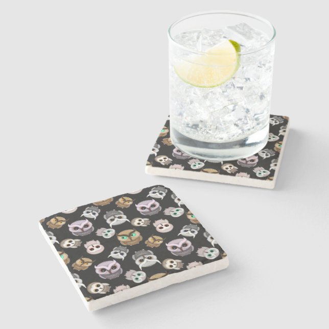 Fun Owl Pattern on Black Background Stone Coaster (Side)