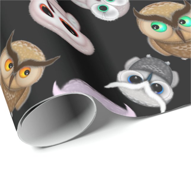 Fun Owl Pattern on Black Background Wrapping Paper (Roll Corner)