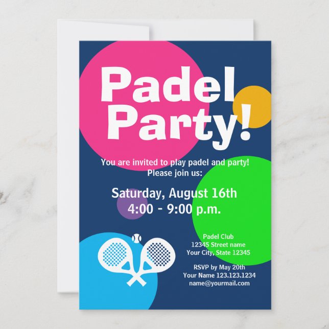 Fun padel tennis sports party invitation template (Front)