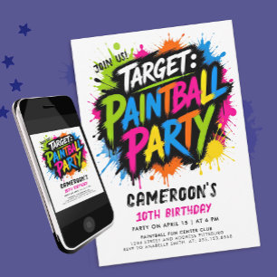 Fun Paintball Hot Pink Brush Typo Splatter Target Invitation