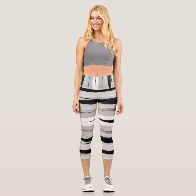 fun painted stripes grey and black patterned capri leggings (Front)