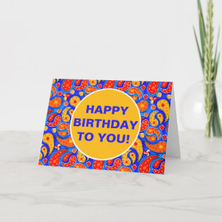 Fun Paisley Orange Red Yellow on Bright Royal Blue Card