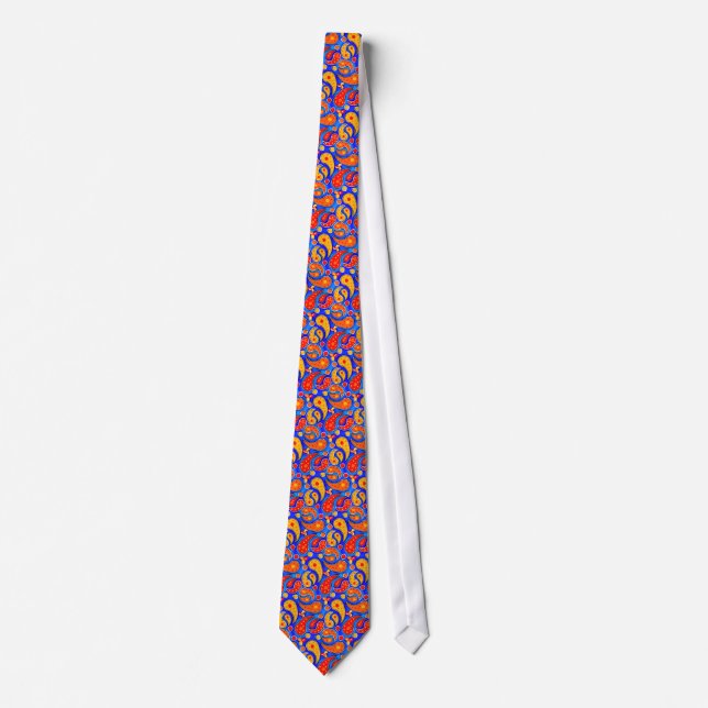 Fun Paisley Orange Red Yellow on Bright Royal Blue Tie (Front)