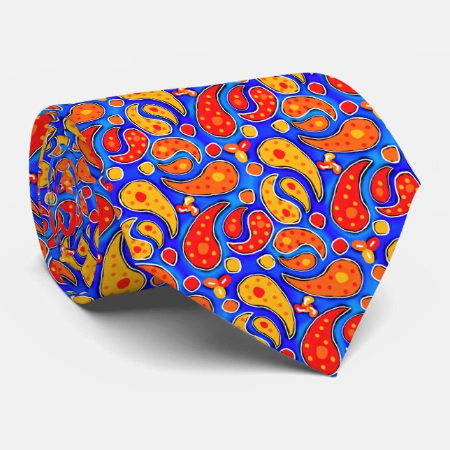 Fun Paisley Orange Red Yellow on Bright Royal Blue Tie (Rolled)
