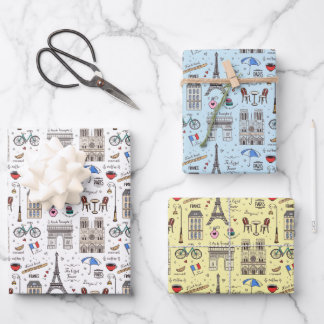 Fun Paris Doodles - 3 Colours Wrapping Paper Sheet