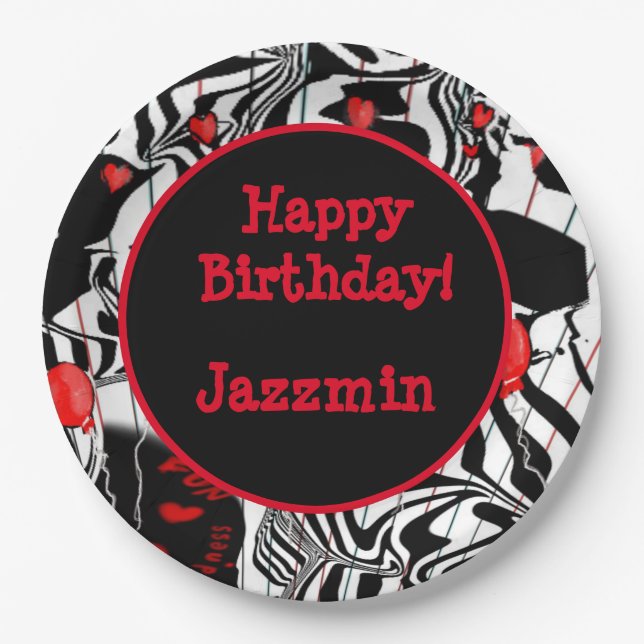 Fun Party Black, White, Red Modern Jazz Paper Plate (Front)