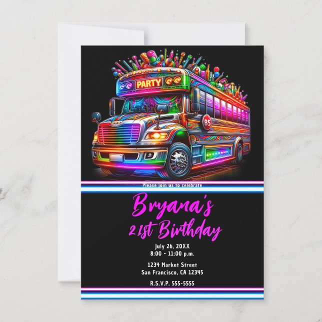 Fun Party Bus Bright Glowing Lights Birthday Party Invitation (Front)