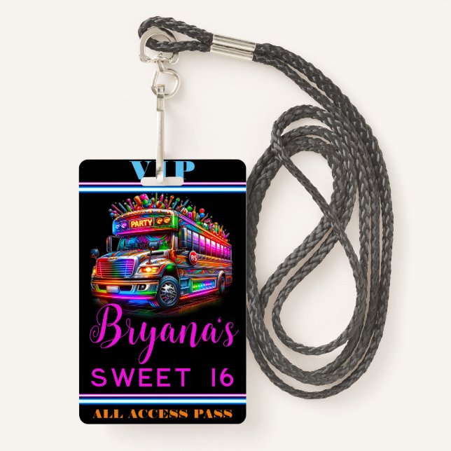 Fun Party Bus Bright Glowing Lights VIP Pass ID Badge (Front with Lanyard)