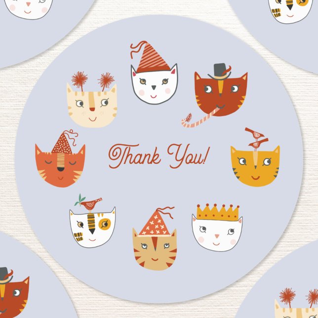 Fun Party Cat Thank You Classic Round Sticker (Cute party cat thank you sticker)