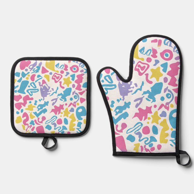 Fun pastel colourful vibrant shapes  oven mitt & pot holder set (Front)