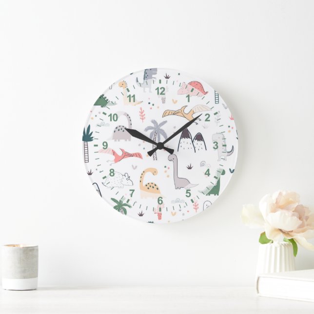 Fun Pastel Dinosaur Scene Pattern Large Clock (Home)