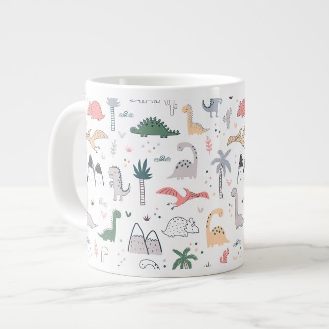 Fun Pastel Dinosaur Scene Pattern Large Coffee Mug (Front Left)