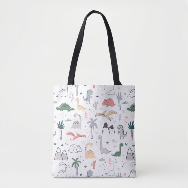 Fun Pastel Dinosaur Scene Pattern Tote Bag (Front)