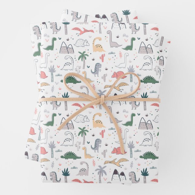 Fun Pastel Dinosaur Scene Pattern Wrapping Paper Sheet (In situ)