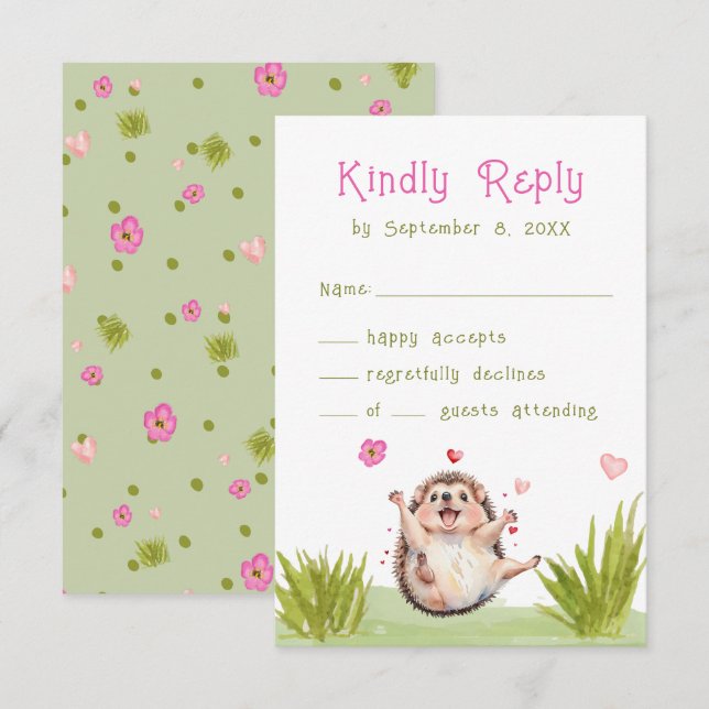 Fun Pastel Hedgehog Garden Party Baby Shower RSVP Card (Front/Back)