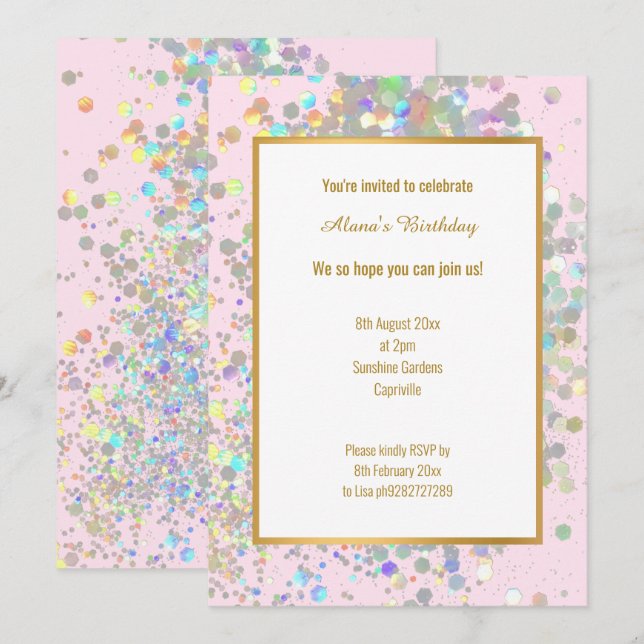 FUN PASTEL RAINBOW PINK HOLOGRAPHIC SPOT BIRTHDAY INVITATION (Front/Back)