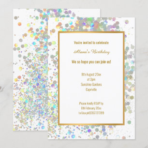FUN PASTEL RAINBOW WHITE HOLOGRAPHIC SPOT BIRTHDAY INVITATION