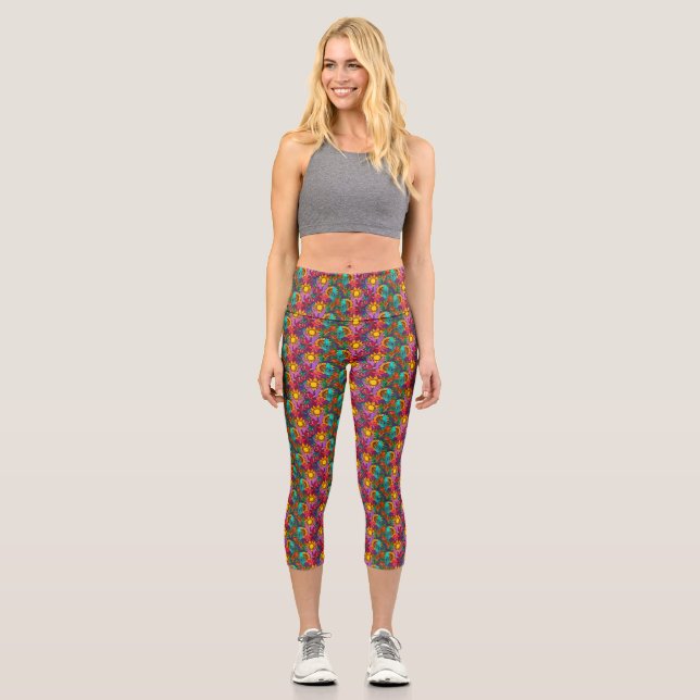 Fun pattern with flowers and hands capri leggings (Front)