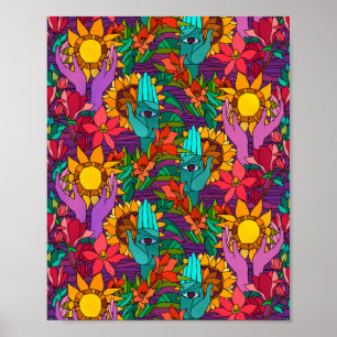Fun pattern with flowers and hands poster