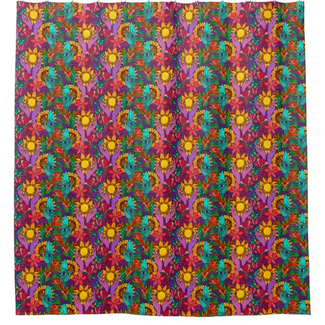 Fun pattern with flowers and hands shower curtain (Front)