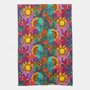 Fun pattern with flowers and hands tea towel