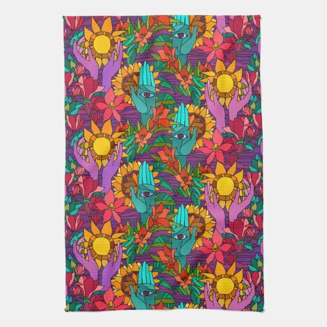 Fun pattern with flowers and hands tea towel (Vertical)