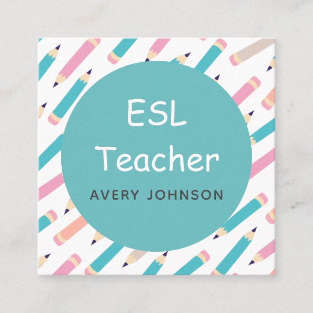 Fun Pencil Pattern ESL Teacher English Instructor Square Business Card (Front)
