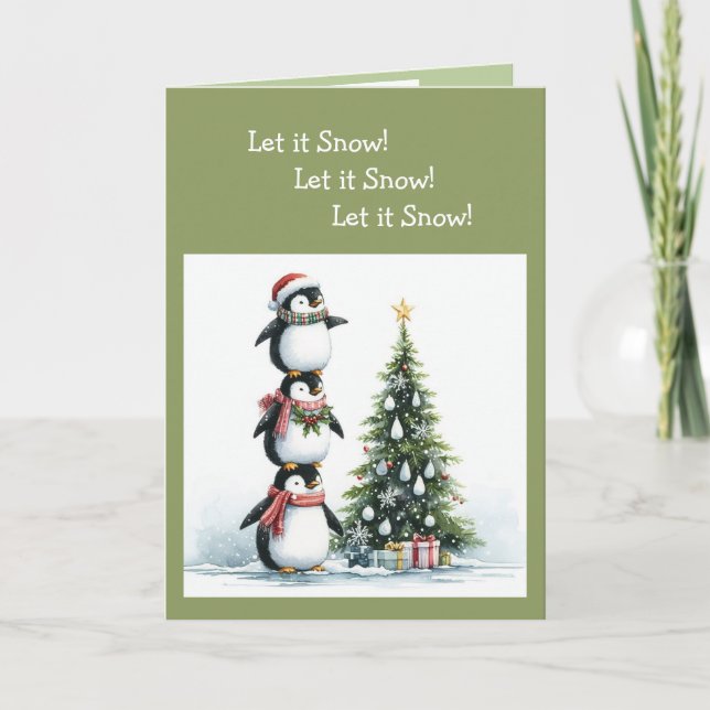 Fun Penguin Christmas Tree Let it Snow Card (Front)