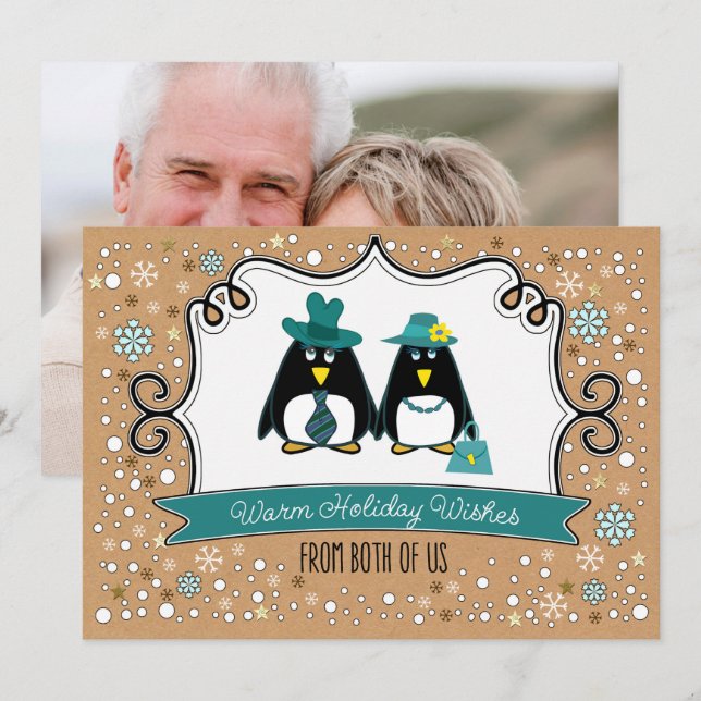 Fun Penguin Couple Christmas Photo Cards (Front/Back)