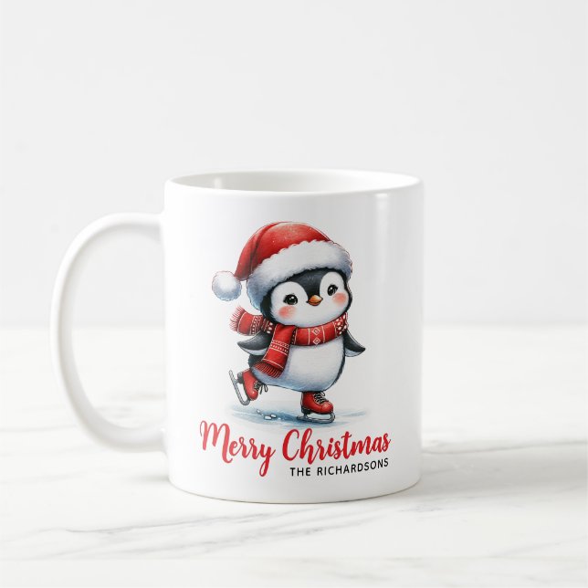 Fun Penguin Ice Skater White Red Merry Christmas Coffee Mug (Left)