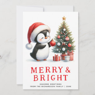 Fun Penguin Merry Bright Modern Minimal Christmas Holiday Card