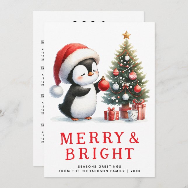Fun Penguin Merry Bright Modern Minimal Christmas Holiday Card (Front/Back)