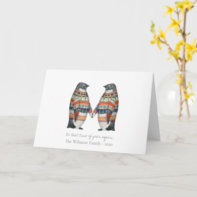 Fun Penguin winter holiday card, Christmas sweater Card (Yellow Flower)