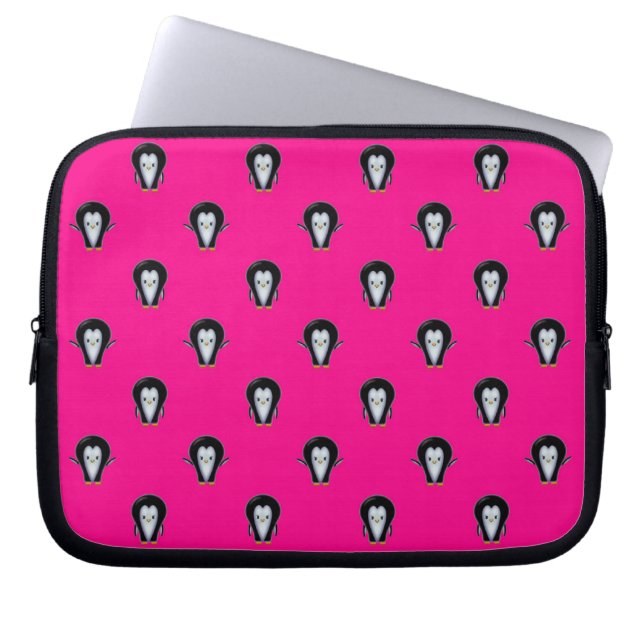 Fun Penguins over Hot Pink Pattern Laptop Sleeve (Front)