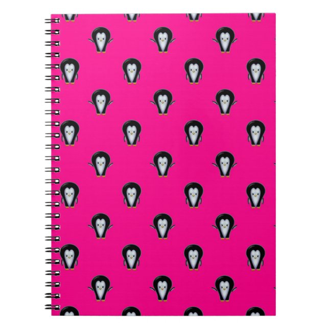 Fun Penguins over Hot Pink Pattern Notebook (Front)