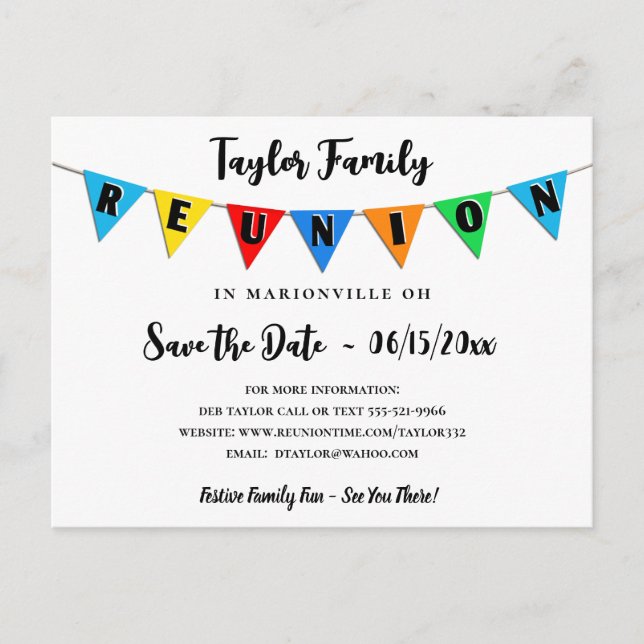 Fun Pennant Family Reunion Save the Date Postcard (Front)