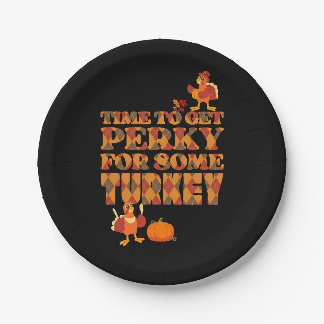 Fun PERKY FOR TURKEY Plaid Thanksgiving Paper Plate (Front)
