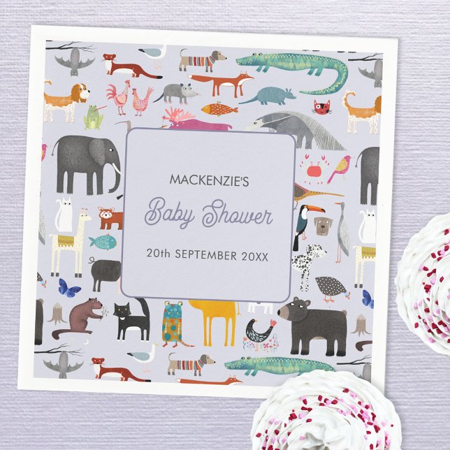Fun Personalised Animal Baby Shower Napkin (Jungle safari zoo wild and pet animal themed personalized baby shower paper napkins)