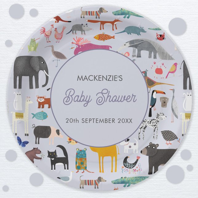 Fun Personalised Animal Baby Shower Paper Plate (Jungle safari zoo wild and pet animal themed personalized baby shower personalized paper party plate)