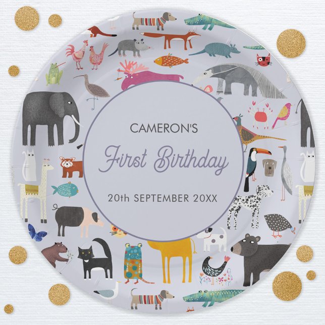 Fun Personalised Animal First 1st Birthday Paper Plate (Animal menagerie personalized custom text first 1st birthday party paper plates)