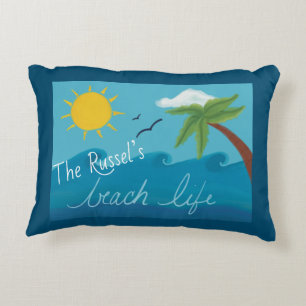Fun Personalised Beach Life with Palm Tree & Ocean Decorative Cushion